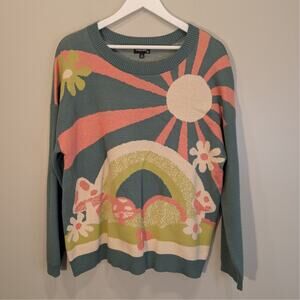 Originality Mushroom Rainbow Floral Sweater Bold Whimsical Style - Size M